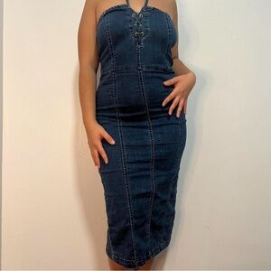 New York & Co Y2K denim bodycon midi dress with corset-style top and slit back